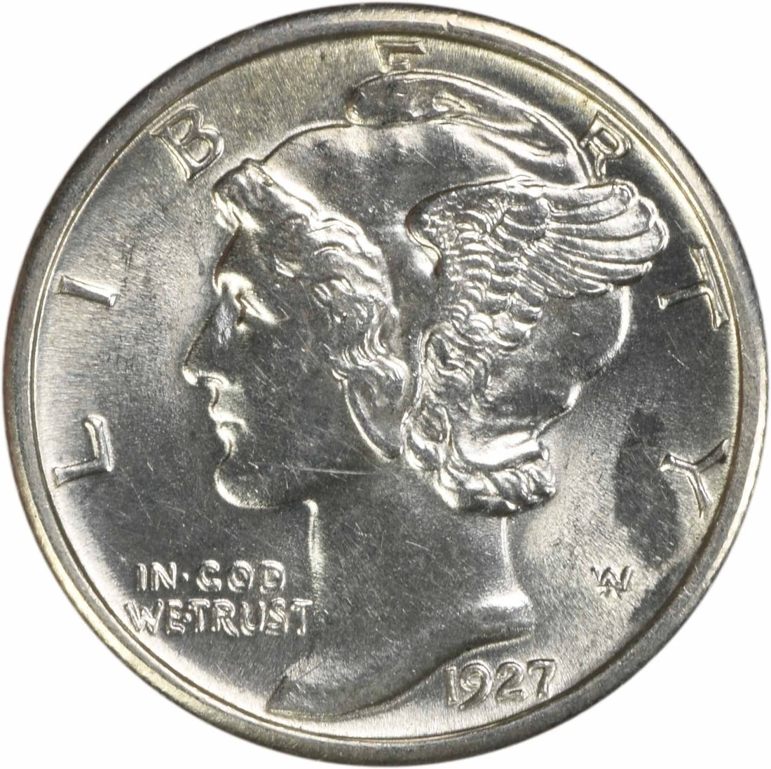 1927 Mercury Silver Dime Choice BU+ Uncertified Coin: 1927 Mercury Silver Dime Choice BU+ Uncertified Coin This 1927 Mercury Silver Dime is a stunning example of American coinage, showcasing a high level of detail in its Choice BU+ grade. The coin is unc