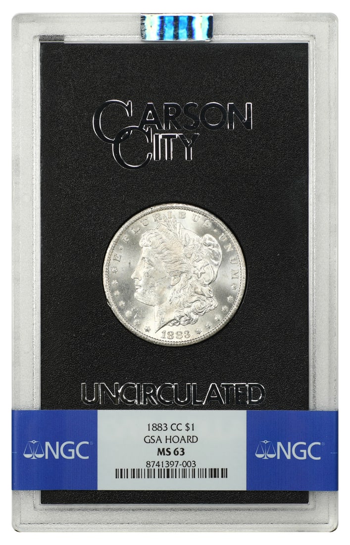 1883 Carson City Morgan Silver Dollar NGC MS63 with GSA Box and COA: 1883 Carson City Morgan Silver Dollar NGC MS63 with GSA Box and COA This is an 1883-CC Morgan Dollar graded MS63 by NGC. The coin is uncirculated and comes with its original box and Certificate of Aut