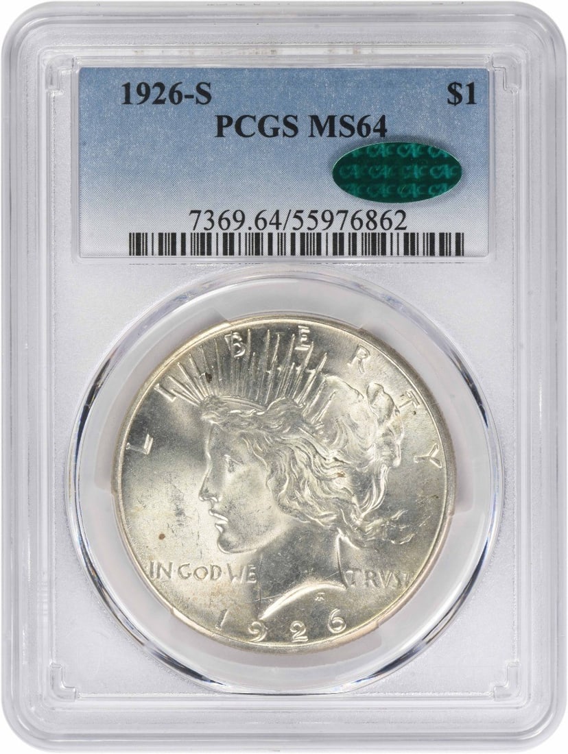PCGS CAC MS64 1926-S Peace Dollar 90 Percent Silver San Francisco Mint: PCGS CAC MS64 1926-S Peace Dollar 90 Percent Silver San Francisco Mint This 1926-S Peace Silver Dollar is graded MS64 by PCGS and certified by CAC. Minted in San Francisco, it features a composition o
