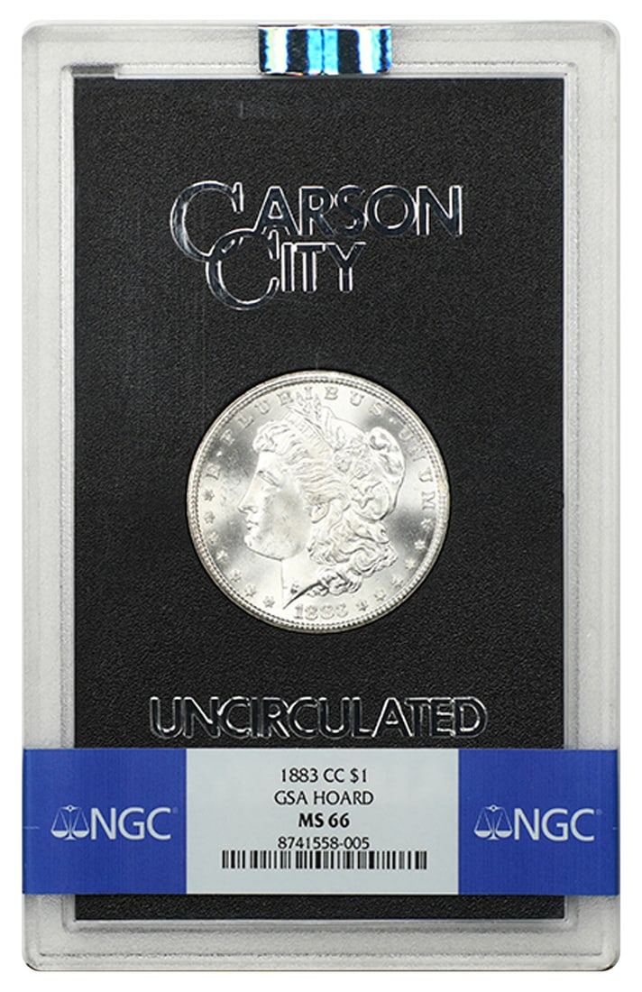 1883 Carson City Dollar NGC MS66 With Box and Certificate GSA Hoard: 1883 Carson City Dollar NGC MS66 With Box and Certificate GSA Hoard This 1883-CC Morgan Dollar is graded MS66 by NGC and comes with its original GSA box and Certificate of Authenticity. Minted in Cars