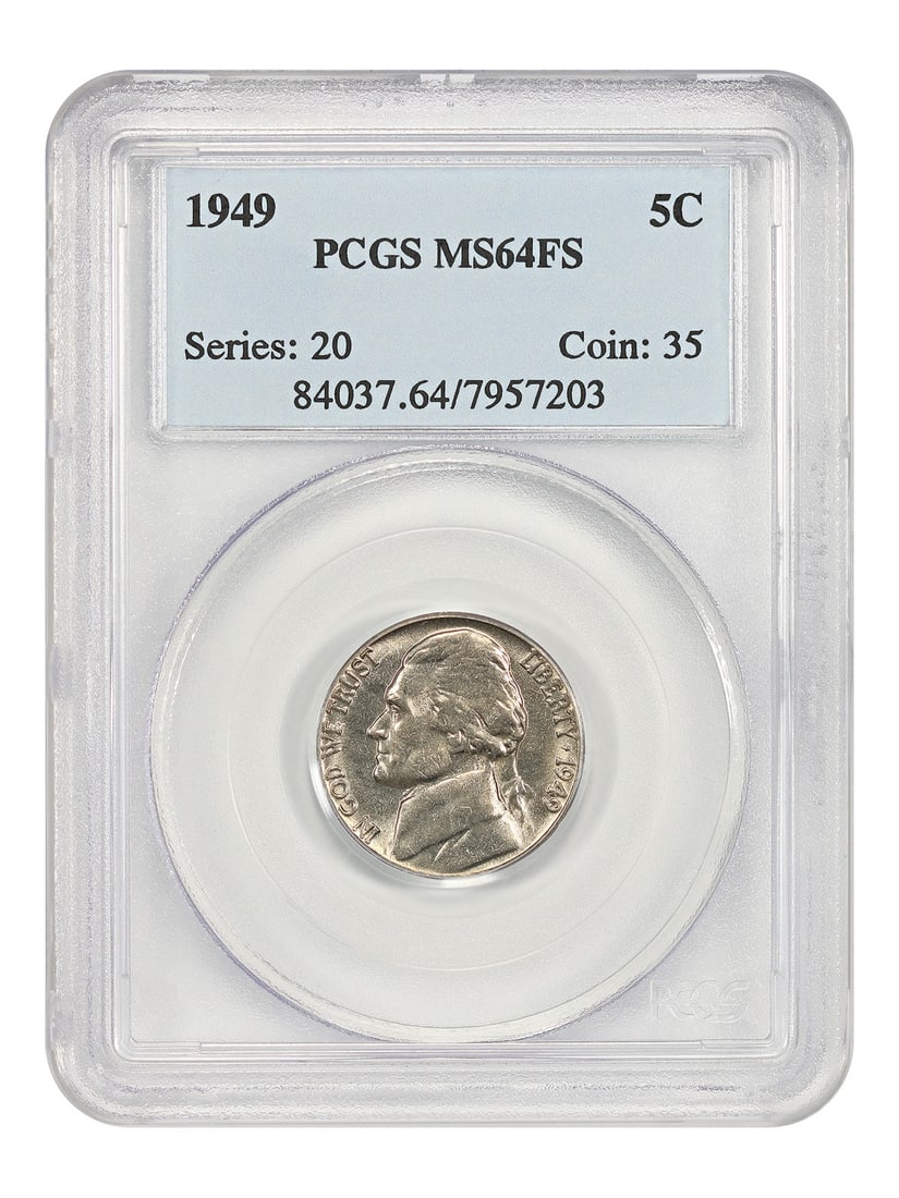 1949 Jefferson Nickel PCGS MS64FS Philadelphia Five Cent Coin: 1949 Jefferson Nickel PCGS MS64FS Philadelphia Five Cent Coin This 1949 Jefferson Nickel is graded MS64FS by PCGS, indicating a Mint State coin with Full Steps detail. Struck in Philadelphia, this unc