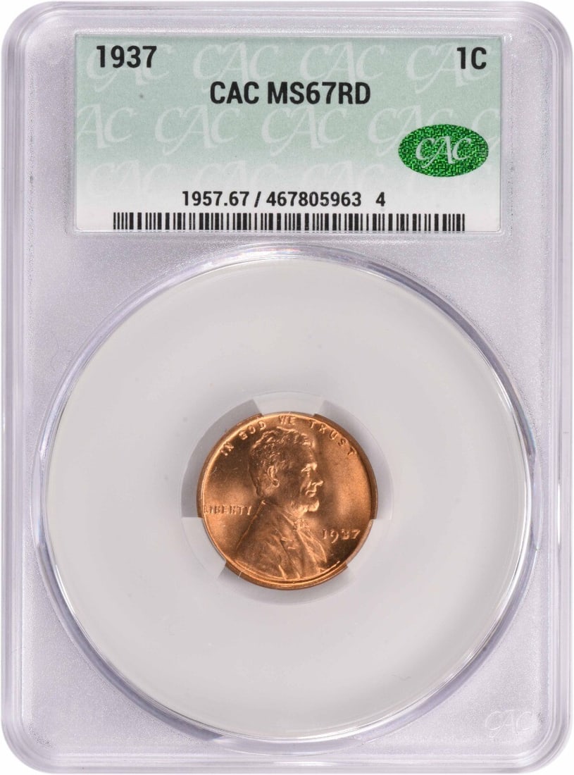 1937 Lincoln Wheat Cent MS67 Red Graded by CACG: 1937 Lincoln Wheat Cent MS67 Red Graded by CACG This is a 1937 Lincoln Wheat Cent from the United States, featuring a copper composition. The coin is uncirculated and has received a high grade of MS67