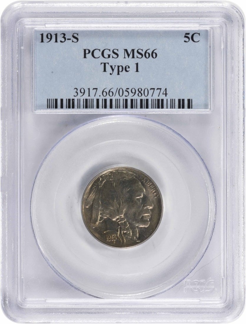 PCGS MS66 1913 San Francisco Buffalo Nickel Type 1 Five Cent Coin: PCGS MS66 1913 San Francisco Buffalo Nickel Type 1 Five Cent Coin This 1913-S Buffalo Nickel Type 1 is an uncirculated coin graded MS66 by PCGS. Struck at the San Francisco Mint, it features a nickel 