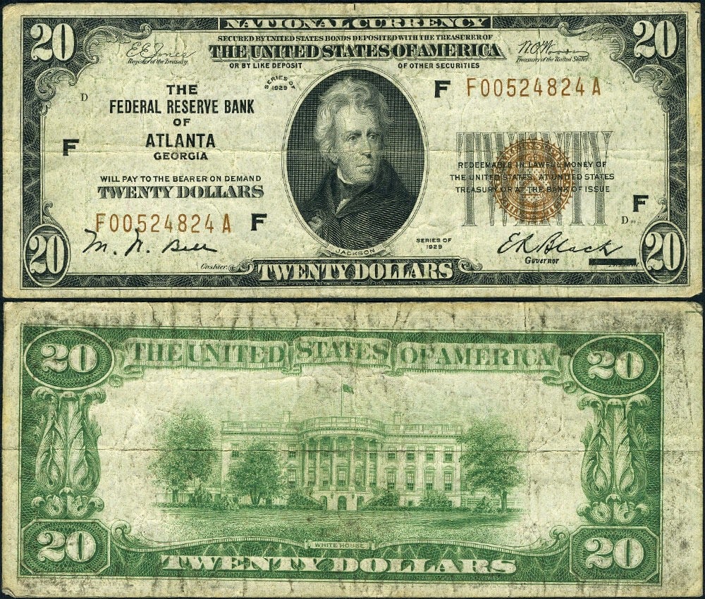 1929 $20 Federal Reserve Bank Note Atlanta FR. 1870 F-A Block: 1929 $20 Federal Reserve Bank Note Atlanta FR. 1870 F-A Block This is a $20 Federal Reserve Bank Note from Atlanta, issued in 1929. The note is classified under the FR. 1870 F series and is graded Fin
