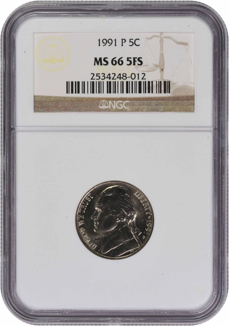 Jefferson Five Cent 1991 Philadelphia MS66 5FS NGC Certified: Jefferson Five Cent 1991 Philadelphia MS66 5FS NGC Certified This 1991-P Jefferson Nickel is graded MS66 5FS by NGC. Struck at the Philadelphia Mint, this uncirculated coin features the Jefferson desi