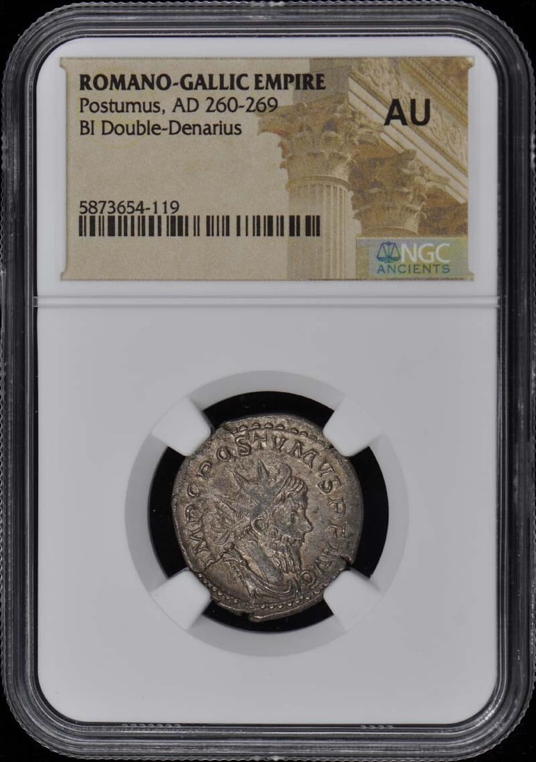 Postumus AD 260-269 Romano-Gallic Empire NGC AU50 Double-Denarius Coin: Postumus AD 260-269 Romano-Gallic Empire NGC AU50 Double-Denarius Coin This is an ancient Roman double-denarius coin from the Romano-Gallic Empire, minted during the reign of Postumus, who ruled from 