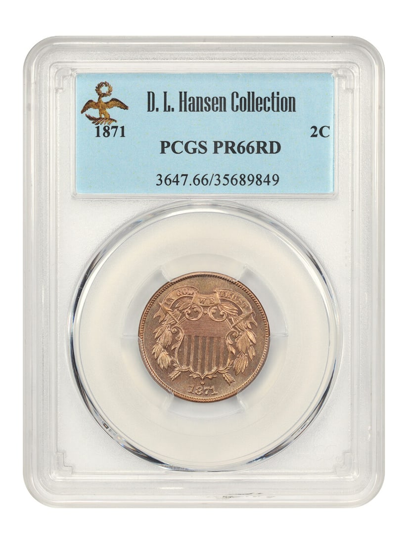 1871 2C PCGS Proof 66 RD Low Mintage Coin Ex D.L. Hansen: 1871 2C PCGS Proof 66 RD Low Mintage Coin Ex D.L. Hansen This stunning 1871 2 Cent coin is certified by PCGS with a Proof 66 RD grade, indicating its exceptional quality and preservation. With a low m