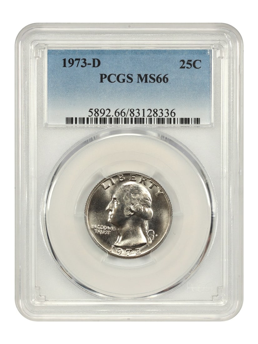 PCGS MS66 1973-D Washington Quarter Certified Uncirculated 25C: PCGS MS66 1973-D Washington Quarter Certified Uncirculated 25C This is a 1973-D Washington Quarter graded MS66 by PCGS. The coin is uncirculated and was minted in Denver. It is part of the Washington 