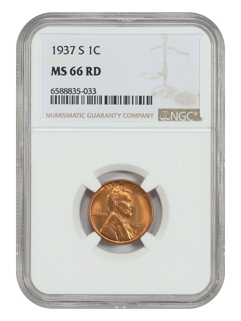 1937 San Francisco Lincoln Wheat Cent NGC MS66RD Red Uncirculated: 1937 San Francisco Lincoln Wheat Cent NGC MS66RD Red Uncirculated This 1937-S Lincoln Cent features the Wheat Reverse design and has been certified by NGC as MS66RD, indicating its uncirculated condit