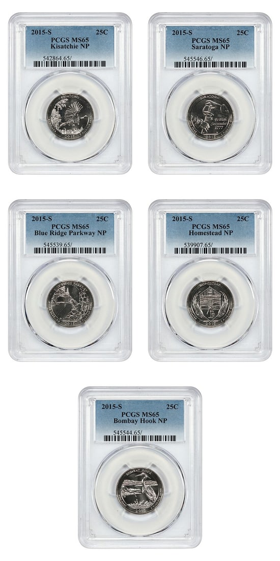 PCGS MS65 2015-S America the Beautiful Quarters Set of 5 Clad Type 1: PCGS MS65 2015-S America the Beautiful Quarters Set of 5 Clad Type 1 This is a 2015-S America the Beautiful Quarter full set, consisting of five coins graded MS65 by PCGS. Each uncirculated coin was m