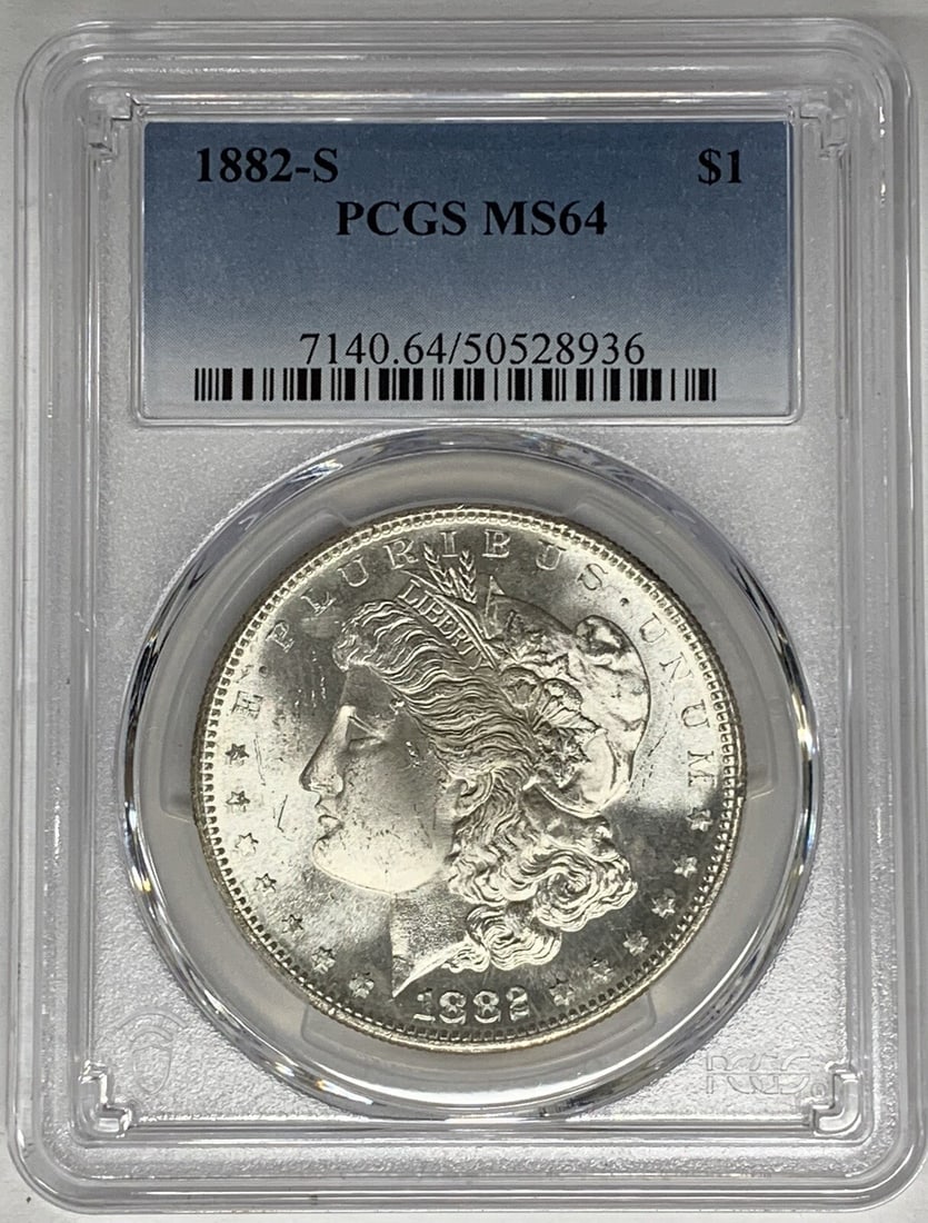 PCGS MS64 1882-S Morgan Dollar Silver Uncirculated $1 Coin: PCGS MS64 1882-S Morgan Dollar Silver Uncirculated $1 Coin This 1882-S Morgan Silver Dollar is graded MS 64 by PCGS, indicating a high-quality, uncirculated coin. Composed of silver, it features the c