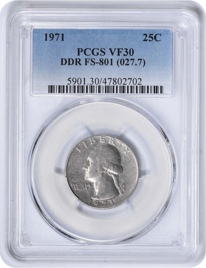 1971 Washington Quarter DDR FS-801 Certified PCGS VF30: 1971 Washington Quarter DDR FS-801 Certified PCGS VF30 This 1971 Washington Quarter features the Double Die Reverse (DDR) FS-801 variety, certified by PCGS as a VF30 grade. The coin exhibits a clad co