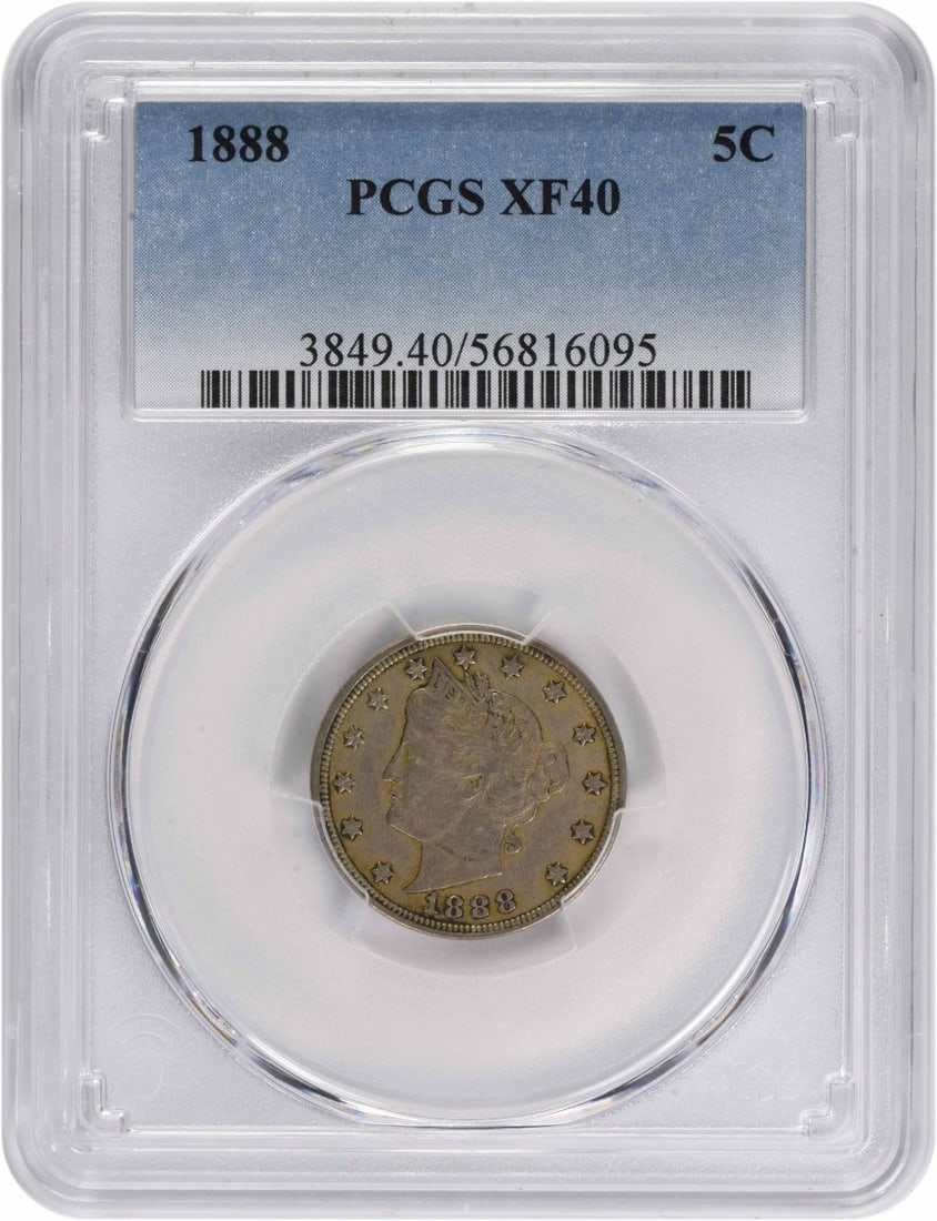 1888 Liberty 5C Nickel PCGS EF40 Graded Coin: 1888 Liberty 5C Nickel PCGS EF40 Graded Coin This 1888 Liberty Nickel has been graded EF40 by PCGS and is composed of 75% copper and 25% nickel. Minted in Philadelphia, it features the design by Charl