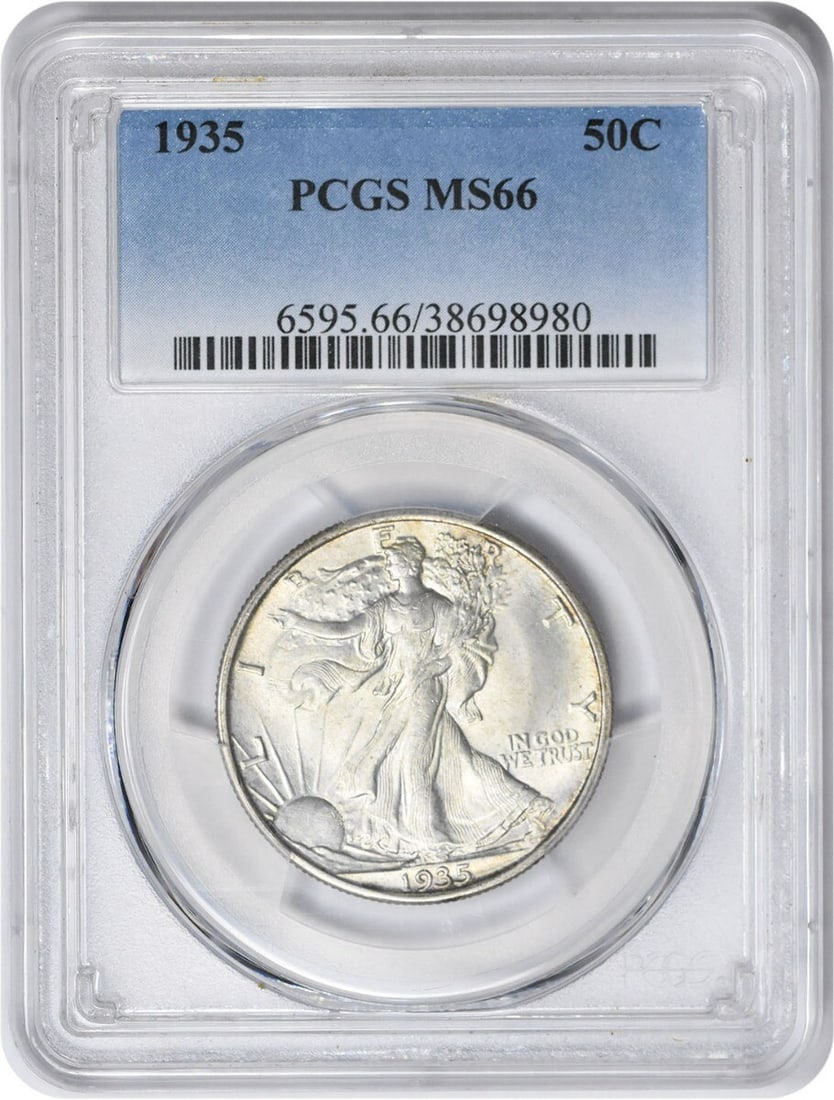 1935 Walking Liberty Half Dollar MS66 PCGS Uncirculated Silver Coin: 1935 Walking Liberty Half Dollar MS66 PCGS Uncirculated Silver Coin This 1935 Walking Liberty Silver Half Dollar is a stunning example, certified by PCGS with a high grade of MS66. Struck in Philadelp