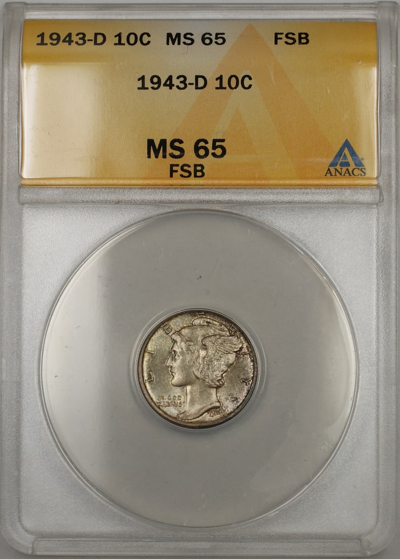 ANACS MS-65 1943-D Silver Mercury Dime Full Bands Uncirculated: ANACS MS-65 1943-D Silver Mercury Dime Full Bands Uncirculated This 1943-D Mercury Dime is graded MS-65 by ANACS and features Full Split Bands. The coin was minted in Denver in 1943 and is composed of