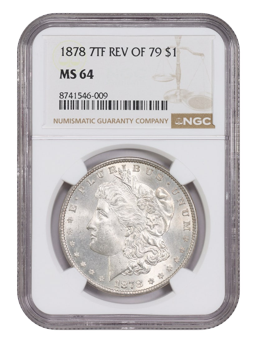NGC MS64 1878 Morgan Dollar 7 Tail Feathers Reverse of 1879 Variety: NGC MS64 1878 Morgan Dollar 7 Tail Feathers Reverse of 1879 Variety This is an 1878 Morgan Dollar featuring the 7 Tail Feathers (Reverse of 1879) variety. Certified by NGC as MS64, this uncirculated c