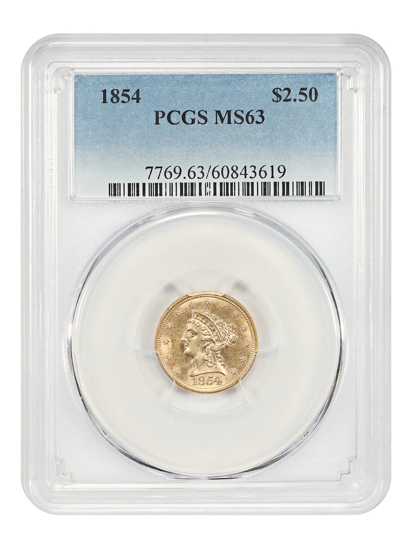 1854 Liberty Head Gold Quarter Eagle PCGS MS63 Philadelphia Mint: 1854 Liberty Head Gold Quarter Eagle PCGS MS63 Philadelphia Mint This 1854 Liberty Head $2.50 gold coin is graded MS63 by PCGS and was struck at the Philadelphia Mint. As part of the historic Liberty 