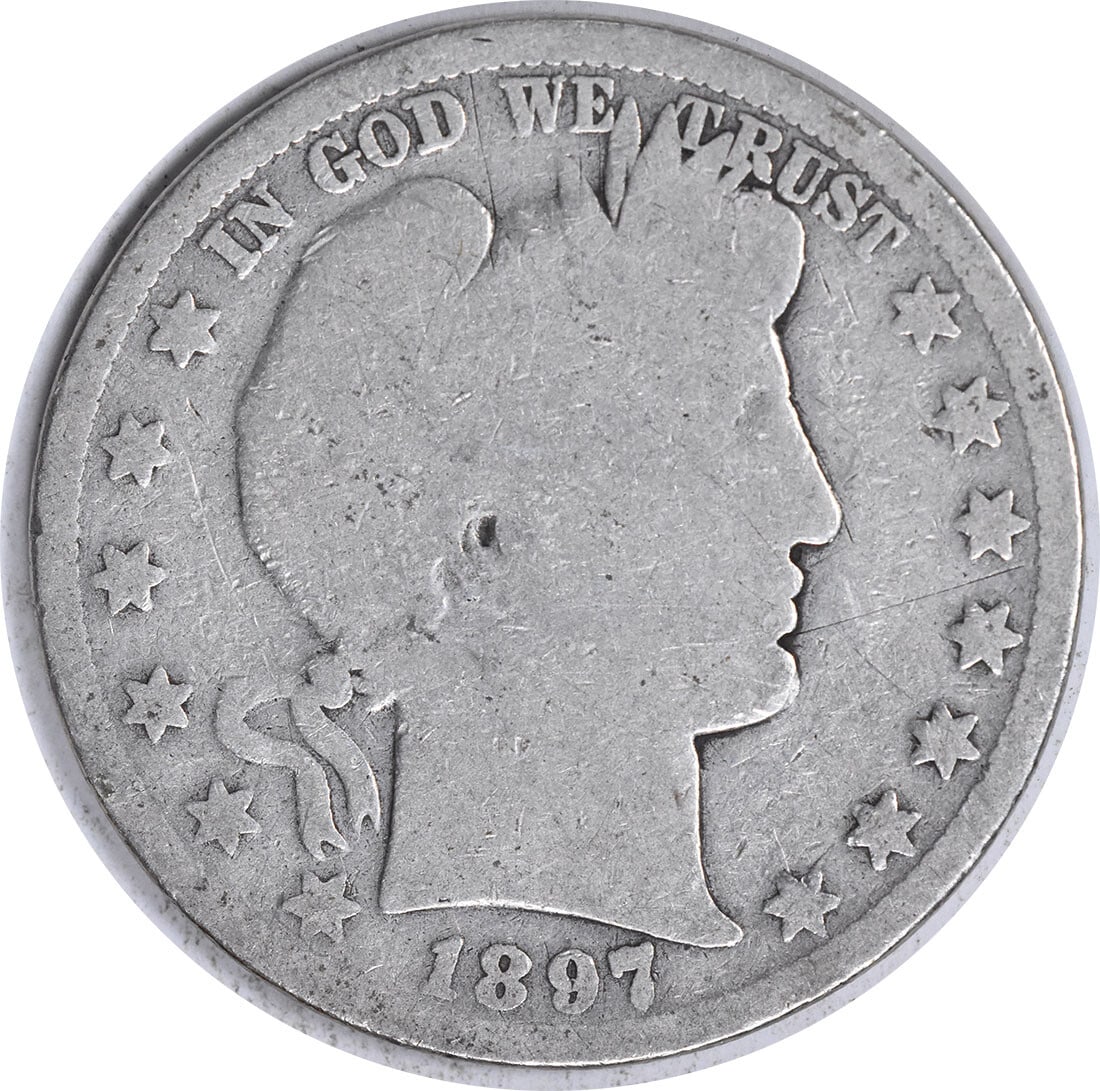 1897-O Barber Silver Half Dollar 50C Uncertified 90% Silver Coin: 1897-O Barber Silver Half Dollar 50C Uncertified 90% Silver Coin This 1897-O Barber Silver Half Dollar is a notable collectible coin from the New Orleans mint. It features the design by Charles E. Bar