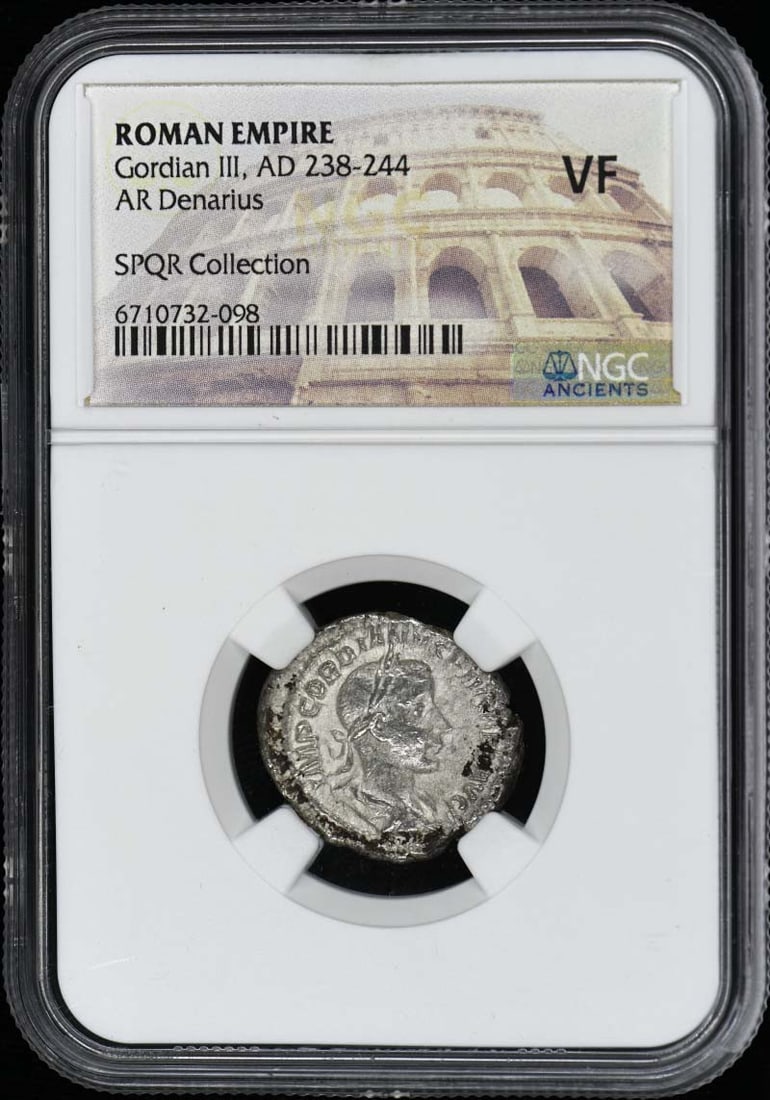 NGC VF20 Denarius Coin from Reign of Gordian III Roman Empire: NGC VF20 Denarius Coin from Reign of Gordian III Roman Empire This Roman Empire AR Denarius features Gordian III and is certified by NGC with a grade of VF20. It originates from Italy and is in a pre-