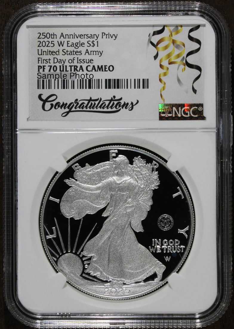 2025-W Proof American Silver Eagle NGC PF70 U.S. Army Privy $1: 2025-W Proof American Silver Eagle NGC PF70 U.S. Army Privy $1 Celebrate the legacy of the U.S. Army with this 2025 Proof American Silver Eagle coin, featuring the exclusive Army privy mark. Struck by