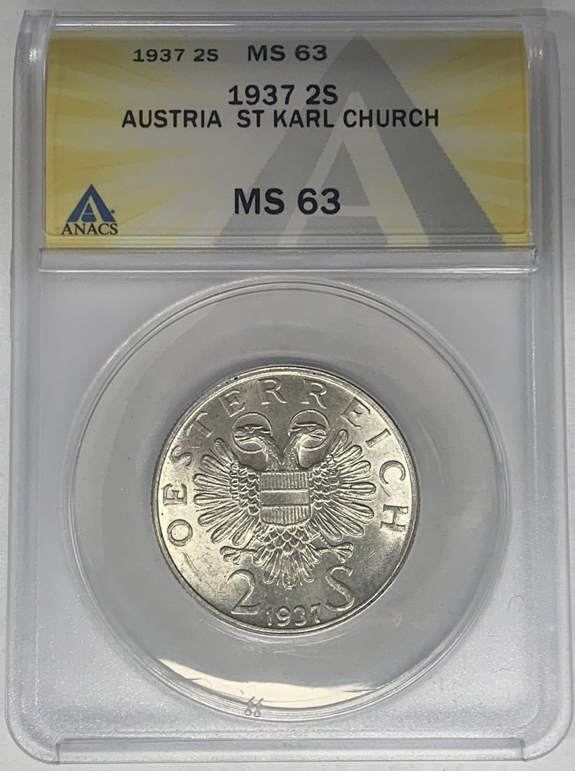 Silver 2 Shilling Coin 1937 Austria Karl Church ANACS MS 63: Silver 2 Shilling Coin 1937 Austria Karl Church ANACS MS 63 This 1937 Austria 2 Shilling coin features the St. Karl Church and is certified ANACS MS 63. The coin is uncirculated and composed of silver
