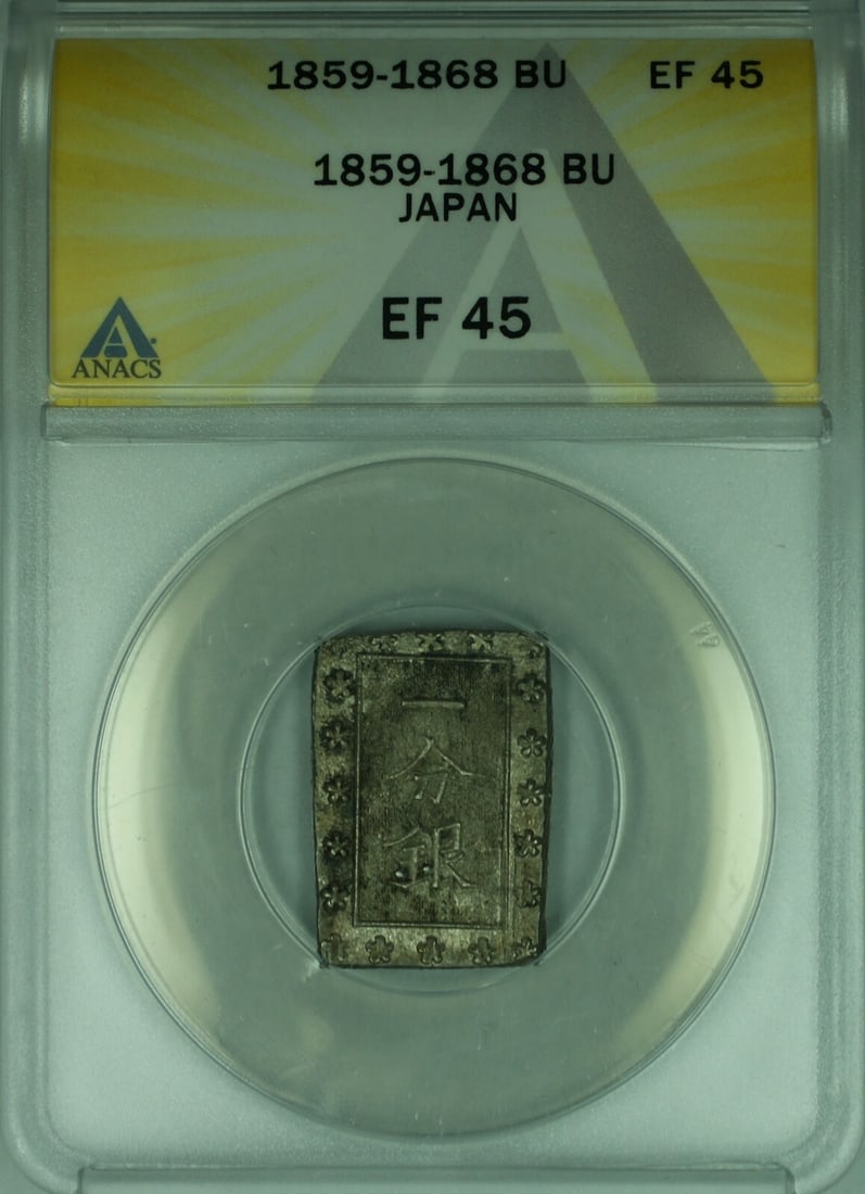 Japan Shogunate Coin 1859-1868 ANACS EF-45 Certified: Japan Shogunate Coin 1859-1868 ANACS EF-45 Certified This Japanese coin from the shogunate period dates between 1859 and 1868. It is certified by ANACS and graded EF-45, indicating its well-preserved,