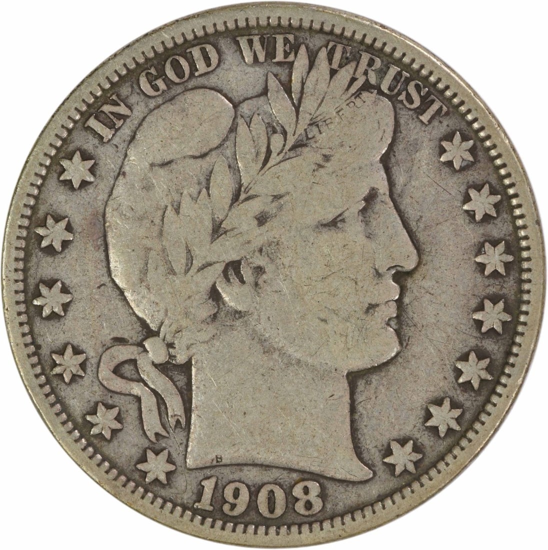Barber Half Dollar 1908-O Fine Grade Uncertified Silver Coin: Barber Half Dollar 1908-O Fine Grade Uncertified Silver Coin This is a 1908-O Barber Half Dollar coin from the United States, minted in New Orleans. Designed by Charles E. Barber, this pre-owned coin 