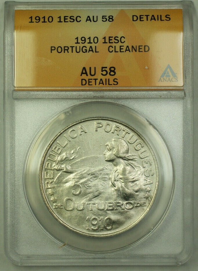 Portugal 1910 1 Escudo Silver ANACS AU-58 KM 560: Portugal 1910 1 Escudo Silver ANACS AU-58 KM 560 This 1910 Portugal 1 Escudo coin is composed of 0.835 fine silver and has been certified by ANACS with a grade of AU 58. Featuring the KM# 560 designat