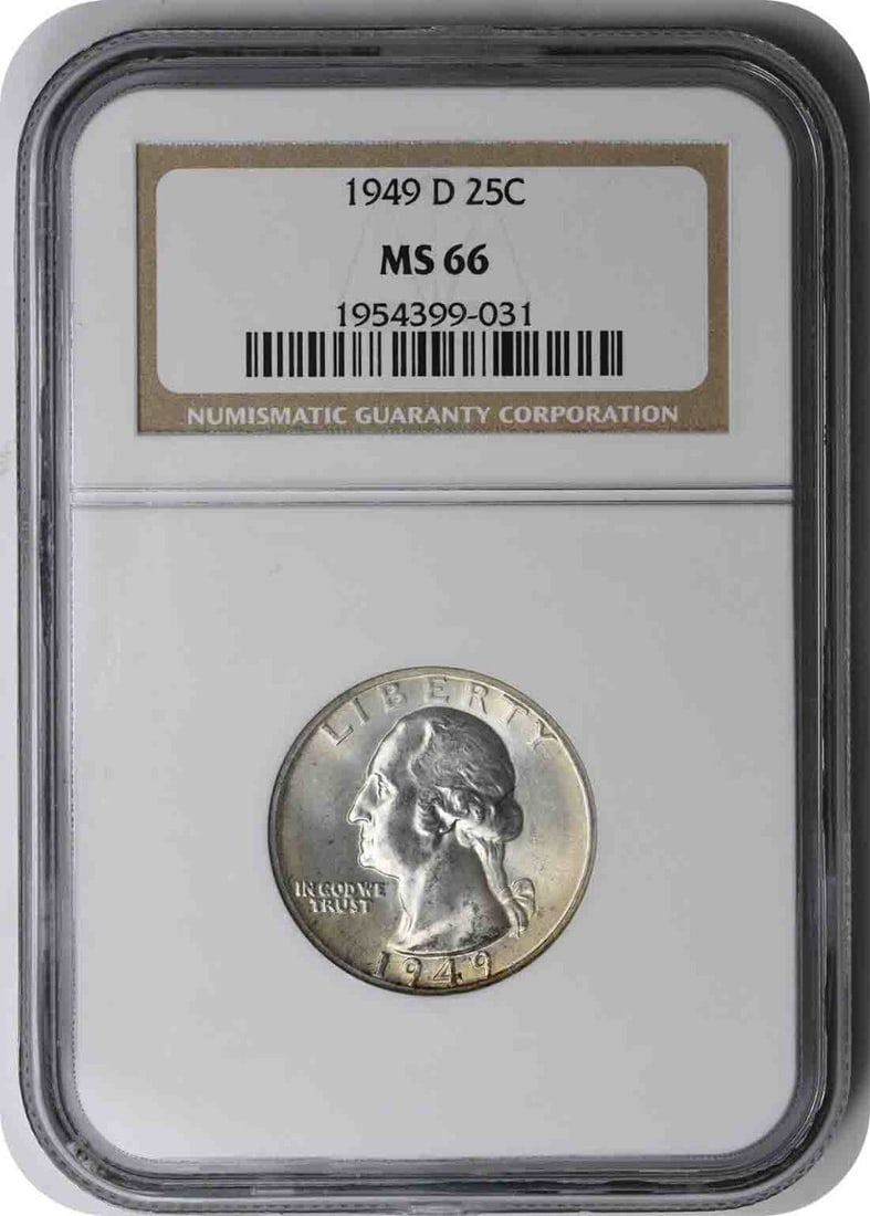 MS66 1949 Denver Mint Washington 90 Percent Silver Quarter NGC Certified: MS66 1949 Denver Mint Washington 90 Percent Silver Quarter NGC Certified This 1949-D Washington Quarter is composed of 90% silver and 10% copper, and was struck at the Denver Mint. Graded MS66 by NGC,