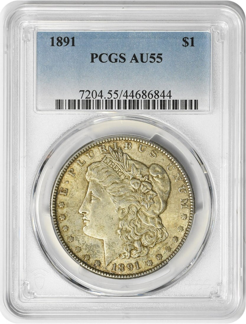 1891 Morgan Silver Dollar AU55 PCGS Certified Coin: 1891 Morgan Silver Dollar AU55 PCGS Certified Coin This 1891 Morgan Silver Dollar is a stunning example of American coinage, featuring the iconic design by George T. Morgan. Struck in Philadelphia, th