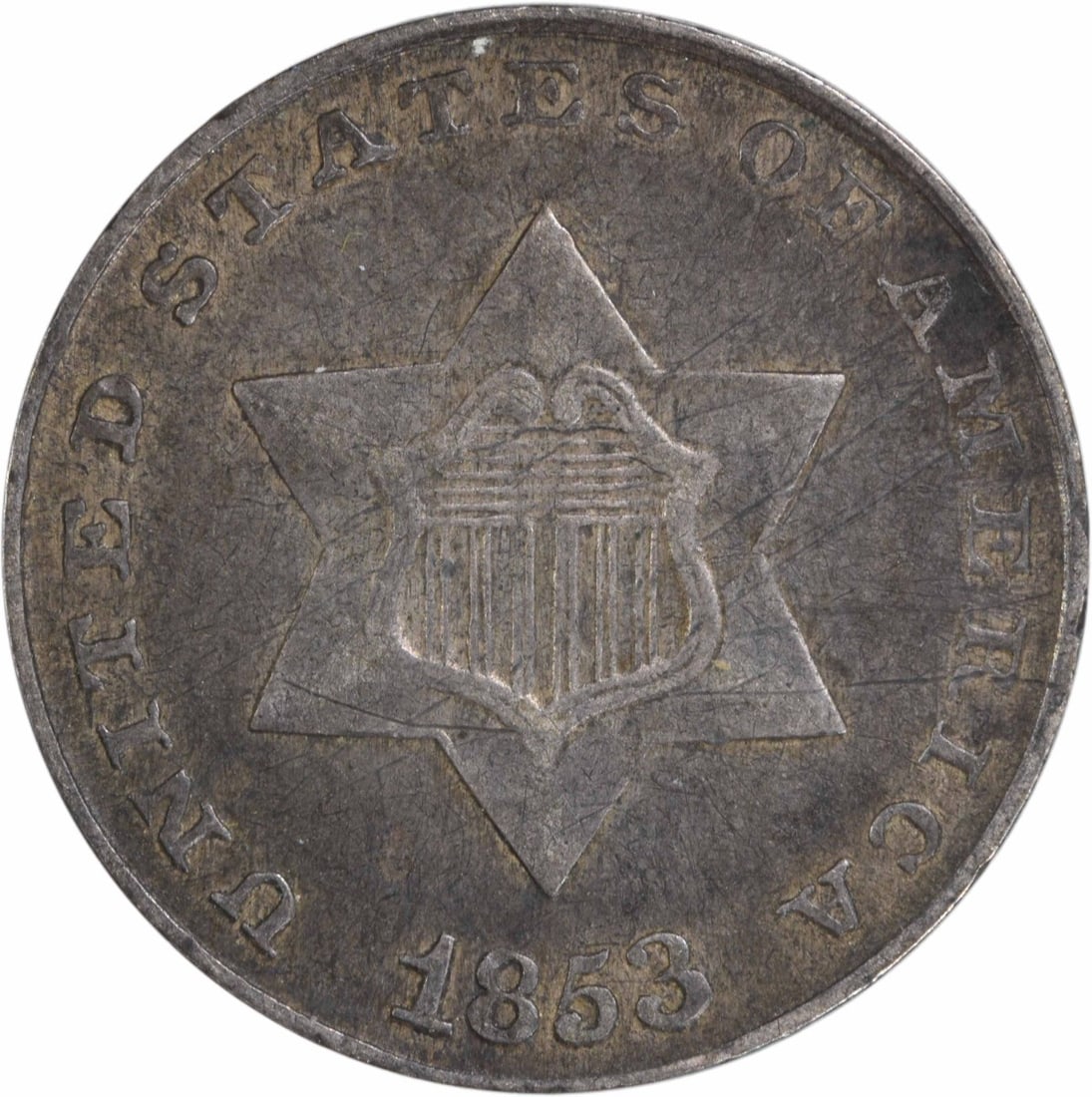 1853 Three Cent Silver Coin VF Uncertified Philadelphia Mint: 1853 Three Cent Silver Coin VF Uncertified Philadelphia Mint This 1853 Three Cent Silver coin, featuring a design by James Barton Longacre, is a rare collectible from the United States. Struck at the 