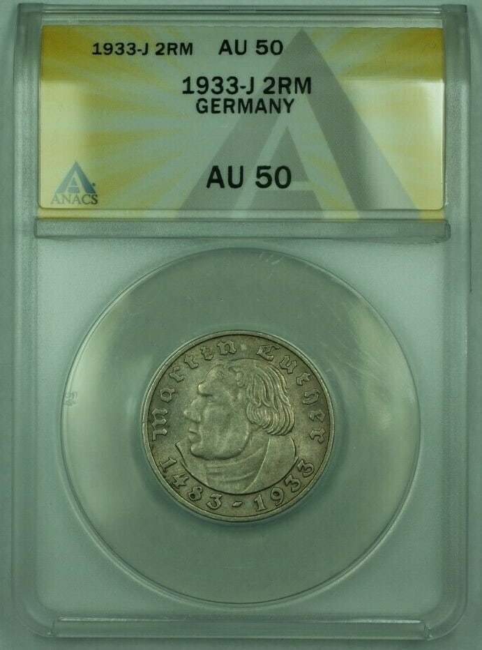 ANACS AU 50 Silver 2 RM Germany 1933 J Certified Coin: ANACS AU 50 Silver 2 RM Germany 1933 J Certified Coin This 1933-J Germany 2 Reichsmark coin is composed of silver and has been certified by ANACS with a grade of AU-50. The coin is circulated and orig