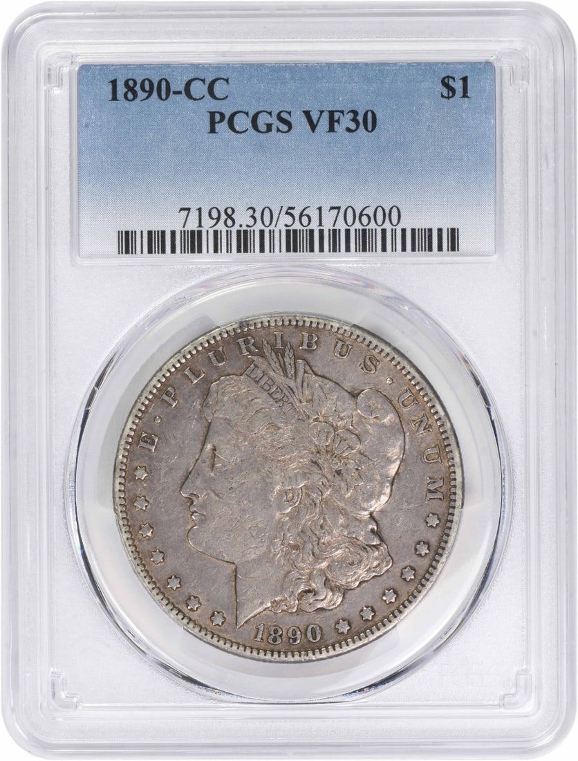 Carson City 1890 Morgan Dollar Certified VF30 by PCGS: Carson City 1890 Morgan Dollar Certified VF30 by PCGS This 1890-CC Morgan Silver Dollar has been certified by PCGS with a VF30 grade. Minted in Carson City, it features a composition of 90% silver and
