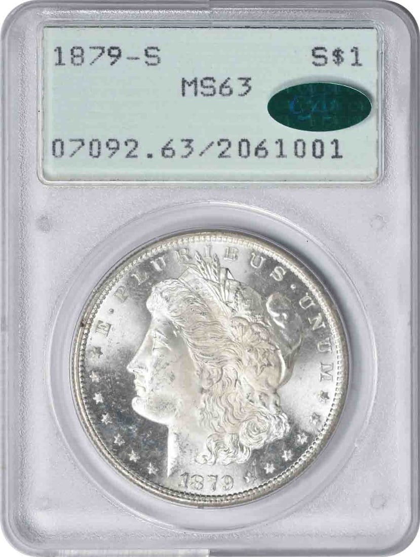 1879-S Morgan Silver Dollar MS63 PCGS OGH CAC Certified: 1879-S Morgan Silver Dollar MS63 PCGS OGH CAC Certified This 1879-S Morgan Silver Dollar is a stunning example of American numismatic history, graded MS63 by PCGS. Known for its beautiful design and s