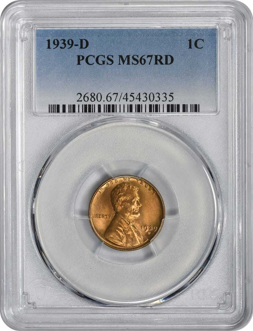 1939-D Lincoln Wheat Cent MS67RD PCGS Uncirculated Copper Coin: 1939-D Lincoln Wheat Cent MS67RD PCGS Uncirculated Copper Coin This 1939-D Lincoln Cent, graded MS67RD by PCGS, is a remarkable example of uncirculated coinage. Struck at the Denver mint, this coin fe