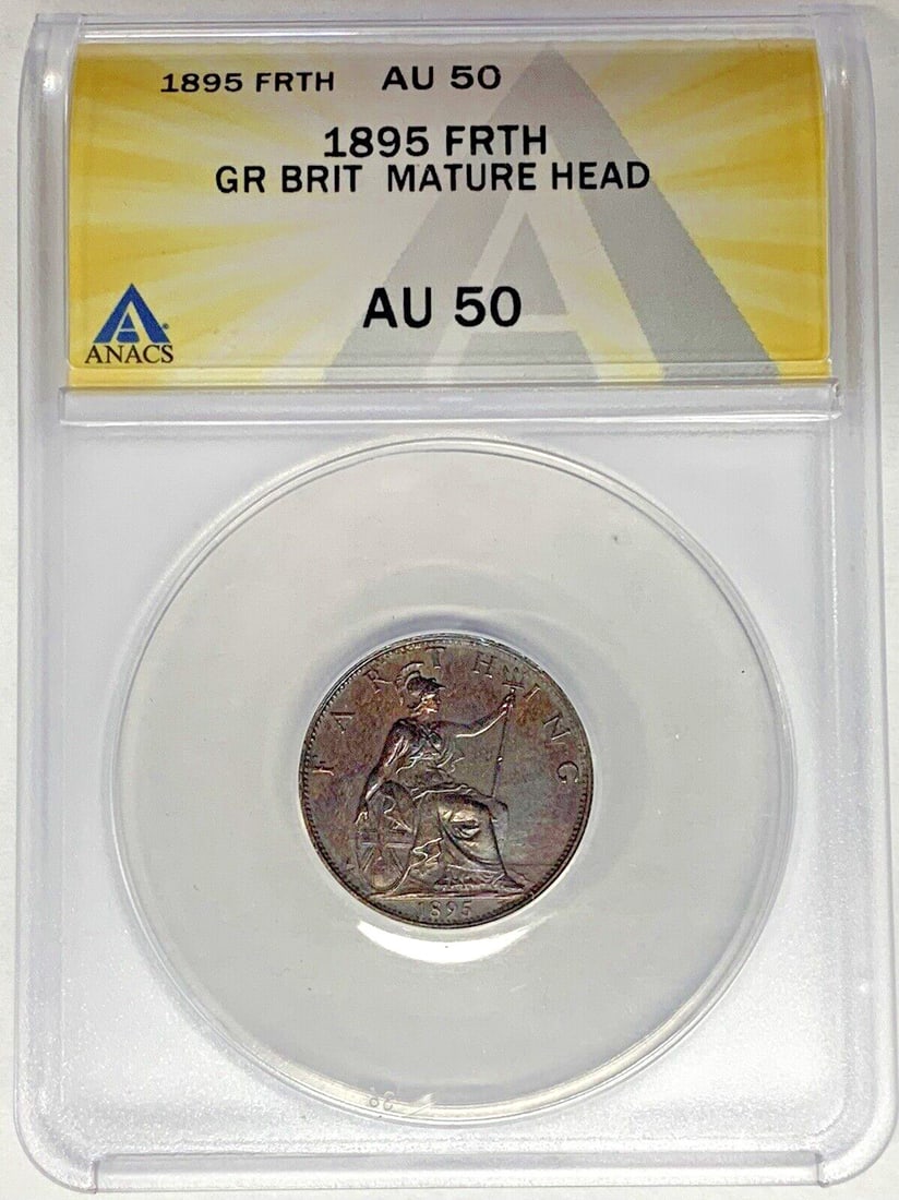 ANACS AU 50 Certified 1895 United Kingdom Farthing Mature Head Coin: ANACS AU 50 Certified 1895 United Kingdom Farthing Mature Head Coin This is an 1895 Great Britain Farthing coin featuring the Mature Head design. The coin is certified by ANACS with a grade of AU 50 a