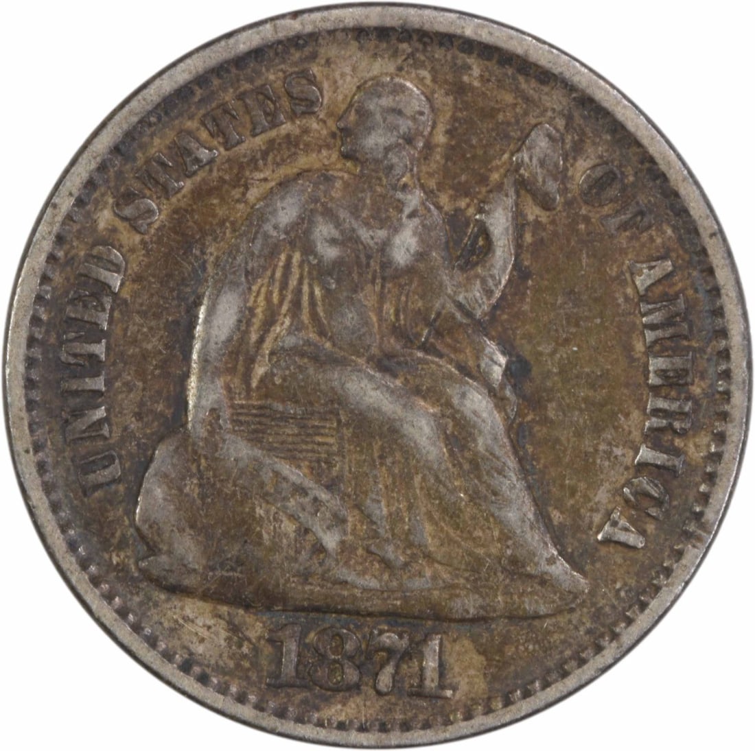 1871 Liberty Seated Half Dime EF Uncertified 90% Silver: 1871 Liberty Seated Half Dime EF Uncertified 90% Silver This 1871 Liberty Seated Silver Half Dime features a striking design by renowned engraver Christian Gobrecht. Struck in Philadelphia, this coin 