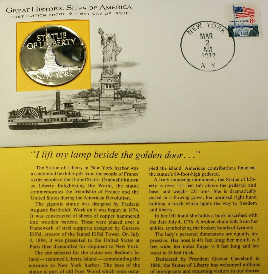 Sterling Silver Statue of Liberty Medal First Day Cover 1972: Sterling Silver Statue of Liberty Medal First Day Cover 1972 This 1972 Statue of Liberty medal commemorates the Great Historic Sites of America series. Struck by the Franklin Mint in sterling silver w