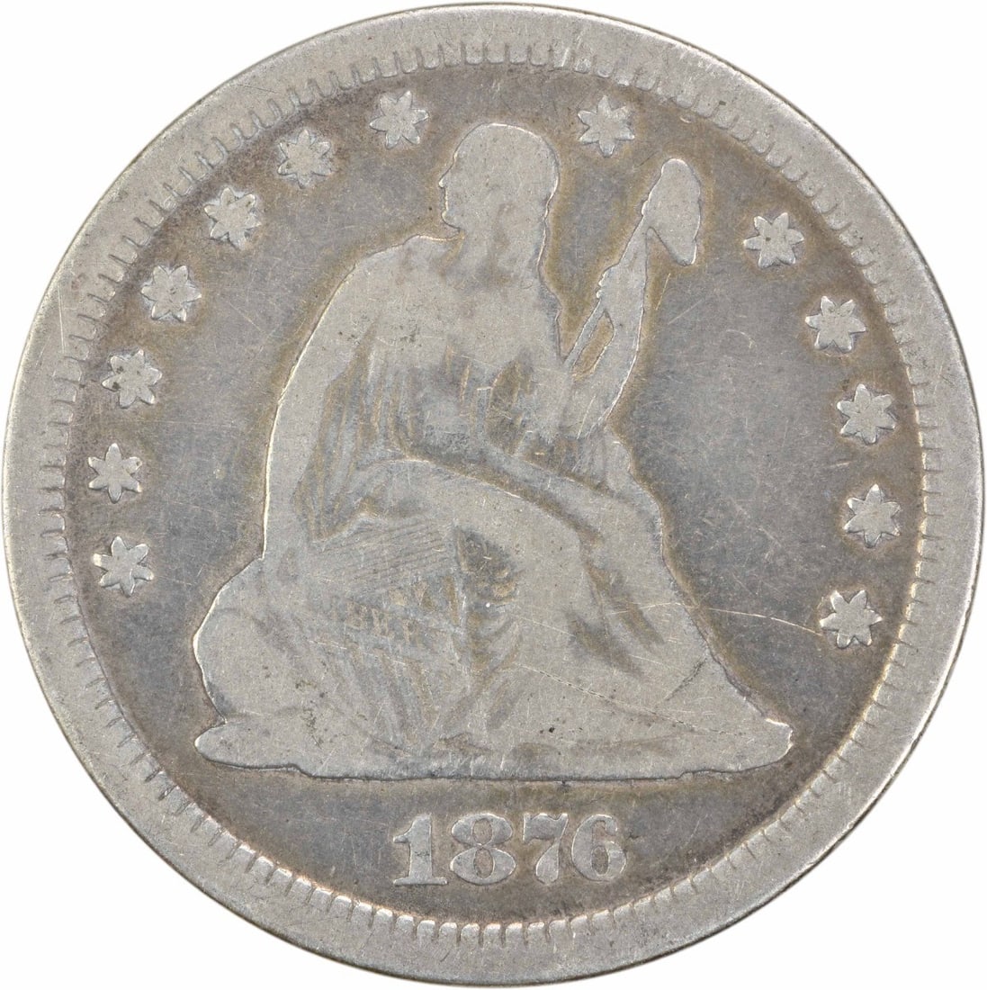 1876-CC Liberty Seated Quarter 90% Silver Uncertified: 1876-CC Liberty Seated Quarter 90% Silver Uncertified This 1876-CC Liberty Seated Quarter showcases a rich history and craftsmanship from the Carson City Mint. Struck in 90% silver and 10% copper, thi