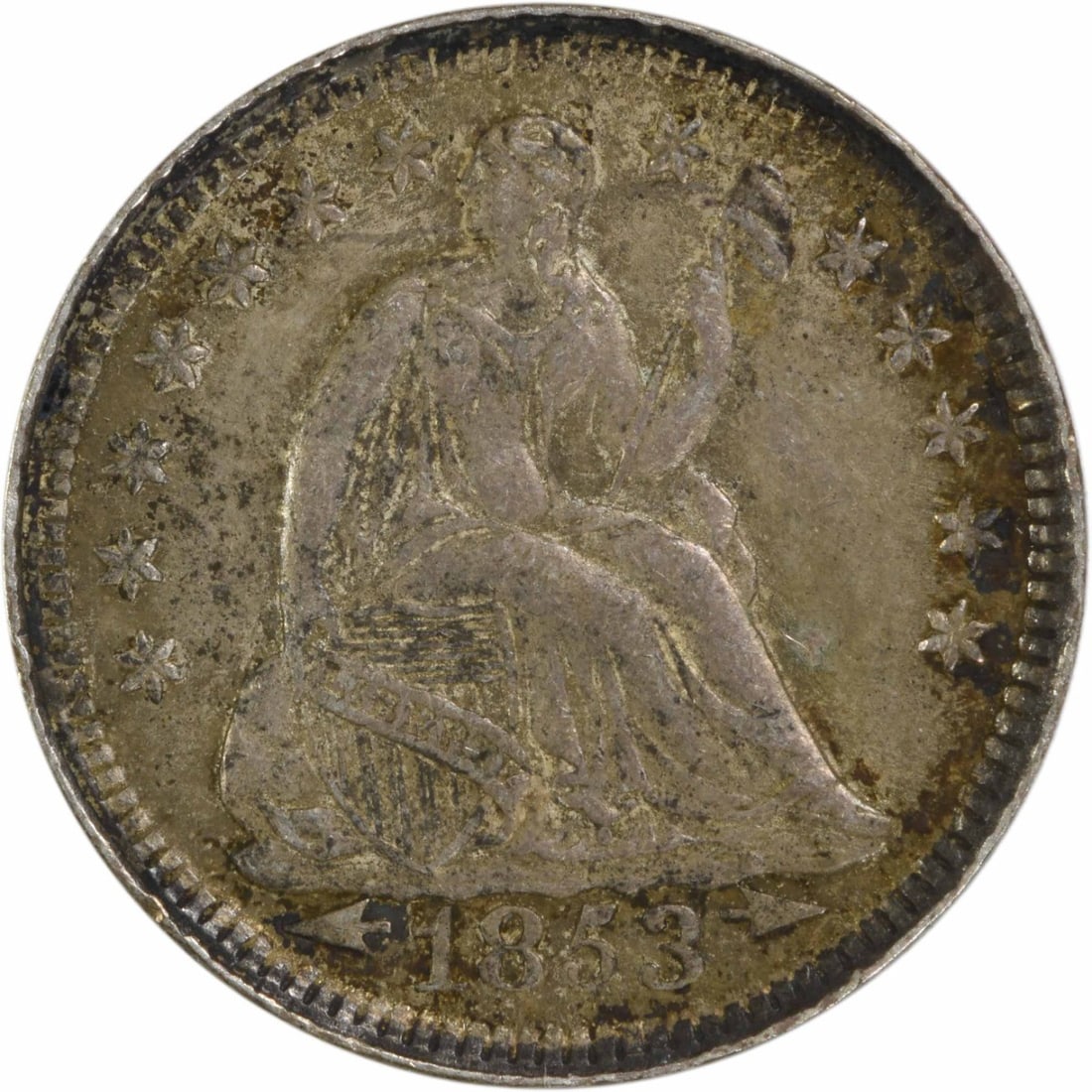 1853 Liberty Seated Half Dime 90% Silver Uncertified: 1853 Liberty Seated Half Dime 90% Silver Uncertified This 1853 Liberty Seated Silver Half Dime showcases a remarkable design by Christian Gobrecht, representing a significant piece of American numisma