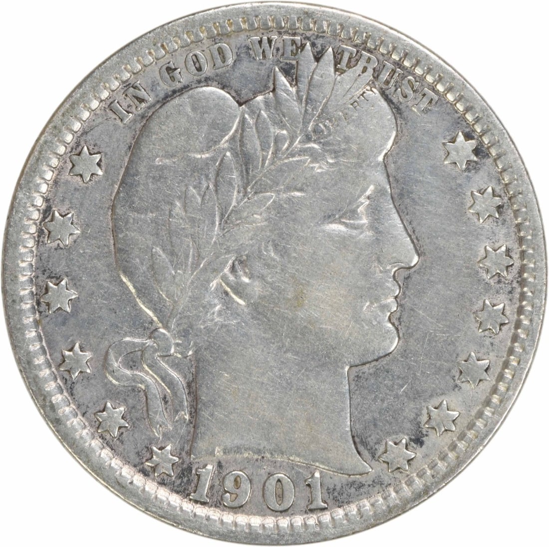 1901 Barber Quarter 25C VF Uncertified 90% Silver Coin: 1901 Barber Quarter 25C VF Uncertified 90% Silver Coin This 1901 Barber Silver Quarter is a classic piece of American numismatics. Struck in Philadelphia, this coin features a composition of 90% silve