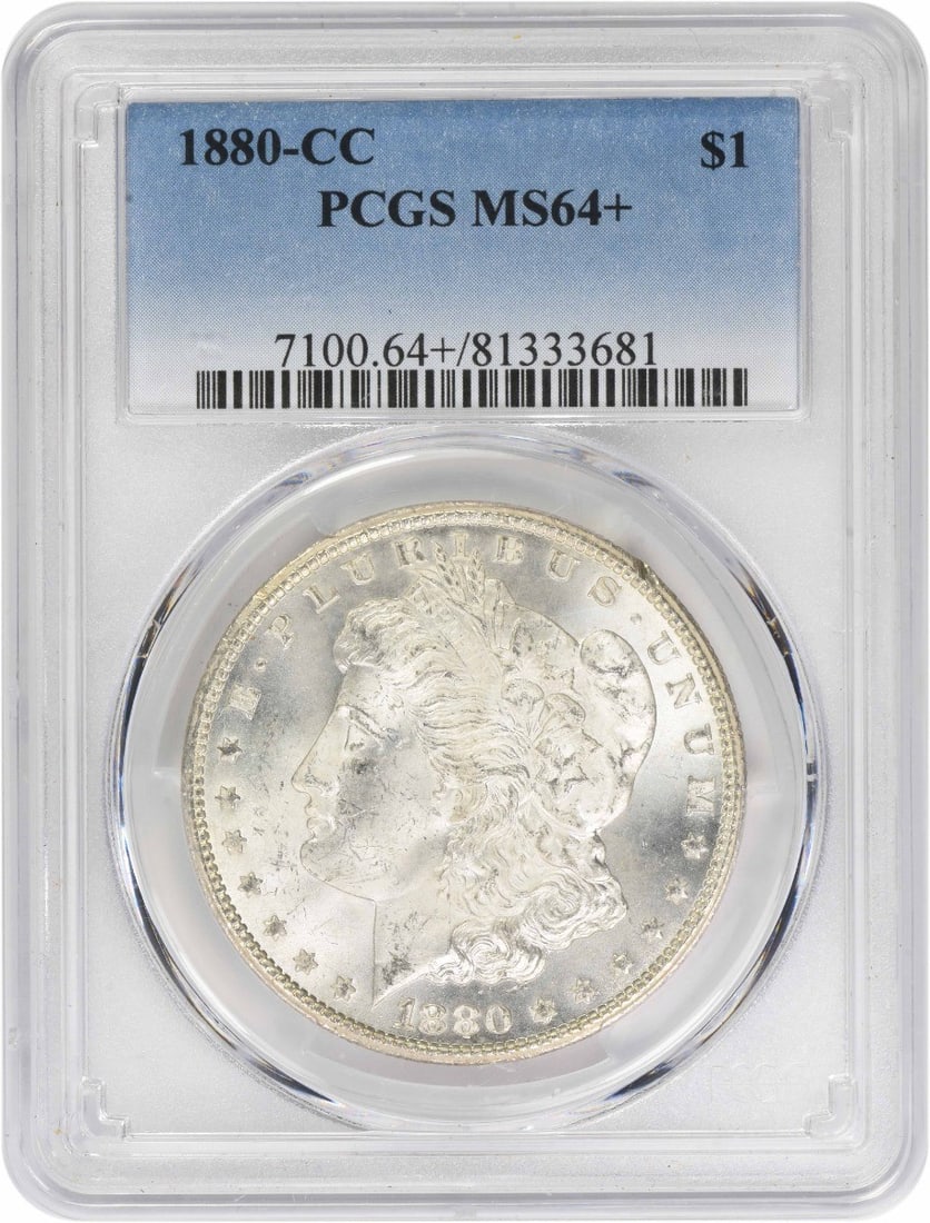 Carson City 1880 Morgan Dollar 90 Percent Silver Graded MS64 Plus by PCGS: Carson City 1880 Morgan Dollar 90 Percent Silver Graded MS64 Plus by PCGS This 1880-CC Morgan Silver Dollar is graded MS64+ by PCGS, indicating it is in uncirculated condition with superior quality. M