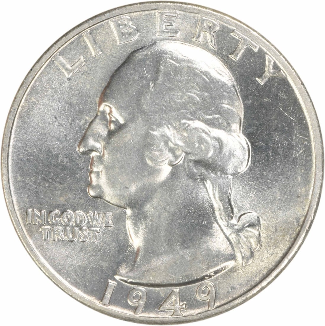 1949 Silver 25C Washington Quarter Choice BU Plus Uncertified Coin: 1949 Silver 25C Washington Quarter Choice BU Plus Uncertified Coin This is a 1949 Washington Quarter from the United States, featuring a silver composition. The coin is uncirculated and graded as Choi