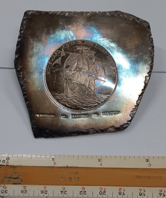 Studio Trial Silver Medal Sailing Ship by H Alvin Sharpe 2.9 Troy Oz: Studio Trial Silver Medal Sailing Ship by H Alvin Sharpe 2.9 Troy Oz This vintage studio trial plate from the 1960s by H. Alvin Sharpe features a detailed design of an old sailing ship. Struck in fine