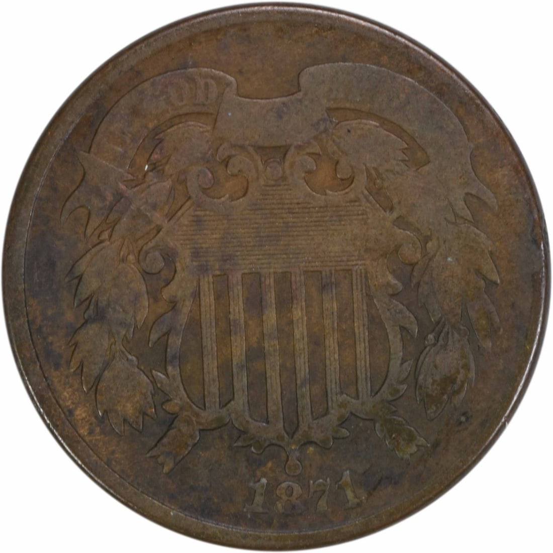 1871 Philadelphia Two Cent Piece Bronze VG Uncertified: 1871 Philadelphia Two Cent Piece Bronze VG Uncertified This 1871 Two Cent Piece is a remarkable collectible coin that showcases the artistry of designer James Barton Longacre. Struck in bronze at the 