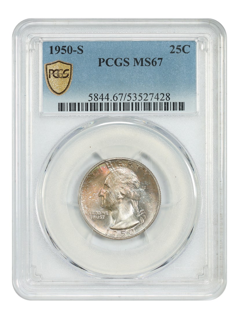 PCGS MS67 Washington Quarter 1950-S San Francisco 25C Uncirculated: PCGS MS67 Washington Quarter 1950-S San Francisco 25C Uncirculated This is a 1950-S Washington Quarter graded MS67 by PCGS. The coin is uncirculated and was minted in San Francisco. It belongs to the 
