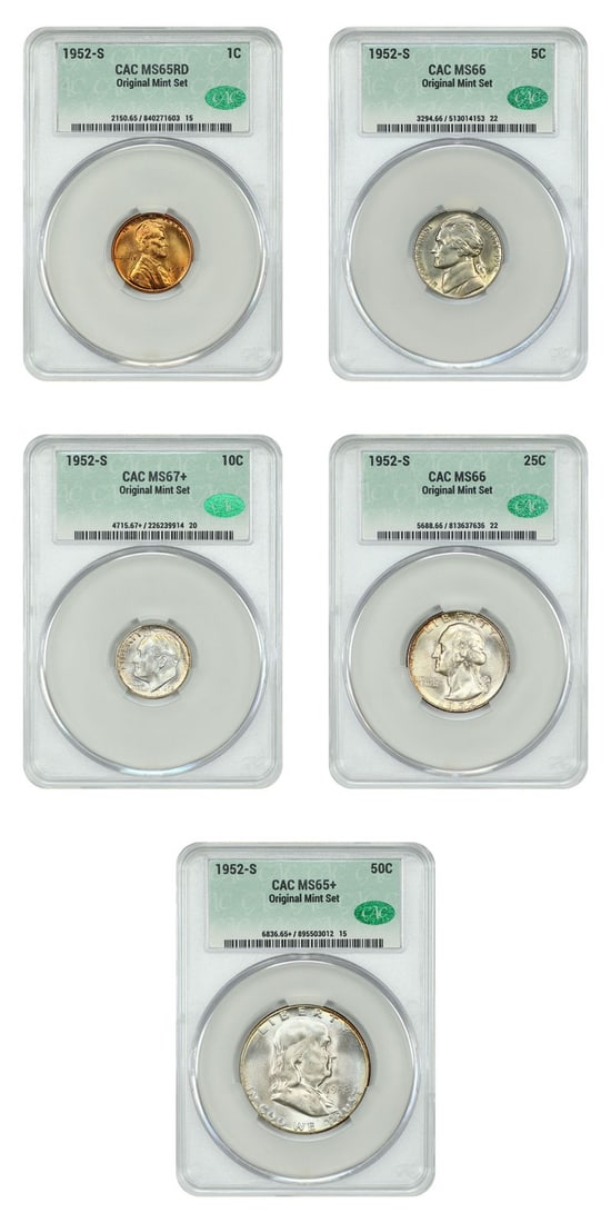 1952-S Mint Set of 5 Uncirculated Coins CACG MS65-67 Plus: 1952-S Mint Set of 5 Uncirculated Coins CACG MS65-67 Plus This 1952-S Mint Set includes five uncirculated coins with denominations ranging from 1 cent to 50 cents. Each coin has been certified by CACG