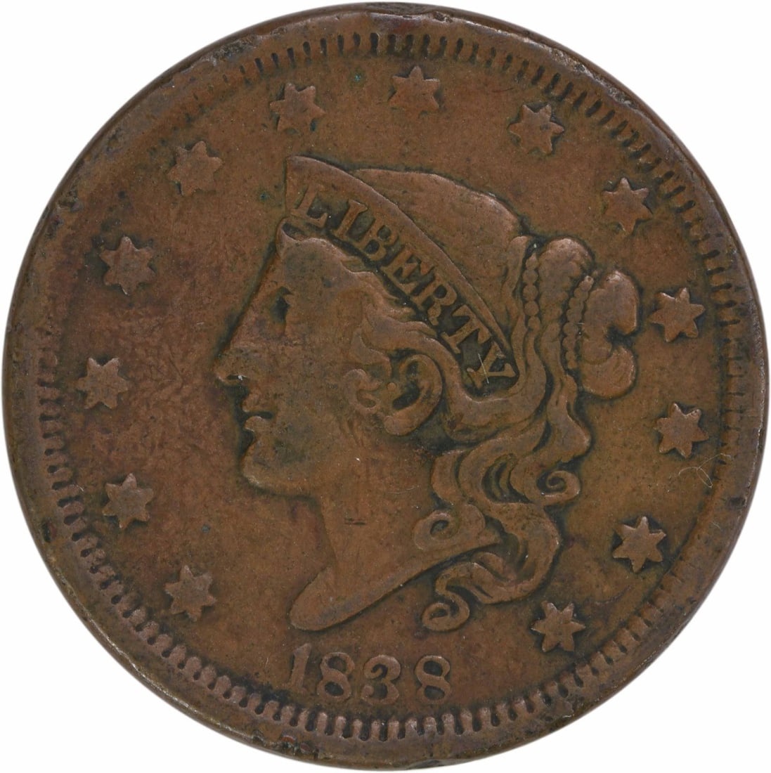 1838 Coronet Head Large Cent VF Uncertified Copper Coin: 1838 Coronet Head Large Cent VF Uncertified Copper Coin This 1838 Large Cent features a classic Coronet Head design, crafted from copper and minted in Philadelphia. It is graded as Very Fine (VF) and 
