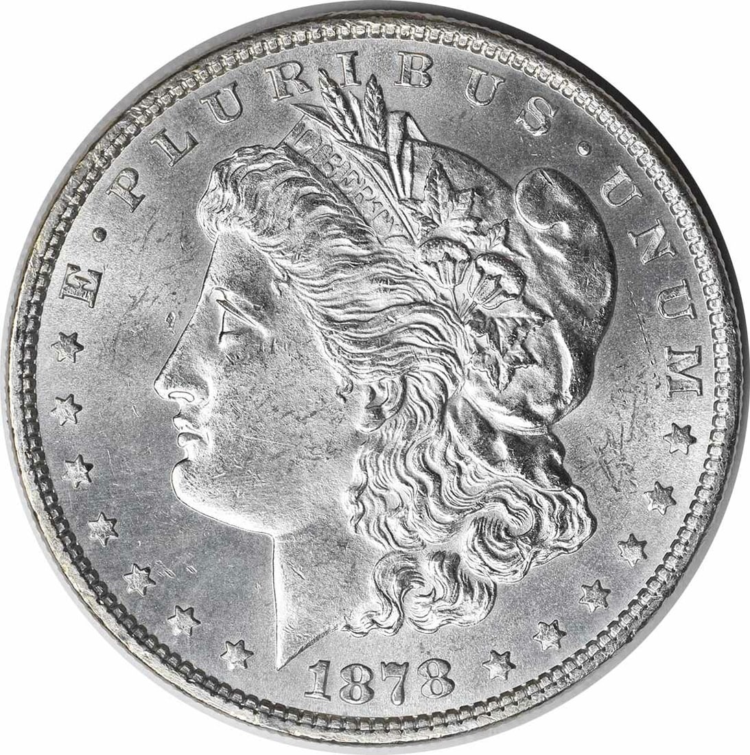 Choice BU 1878 Morgan Dollar 7 Tail Feathers Reverse of 1879 Uncertified: Choice BU 1878 Morgan Dollar 7 Tail Feathers Reverse of 1879 Uncertified This is an uncirculated 1878 Morgan Silver Dollar featuring the 7 Tail Feathers Reverse of 1879 design. Graded as Choice Brilli