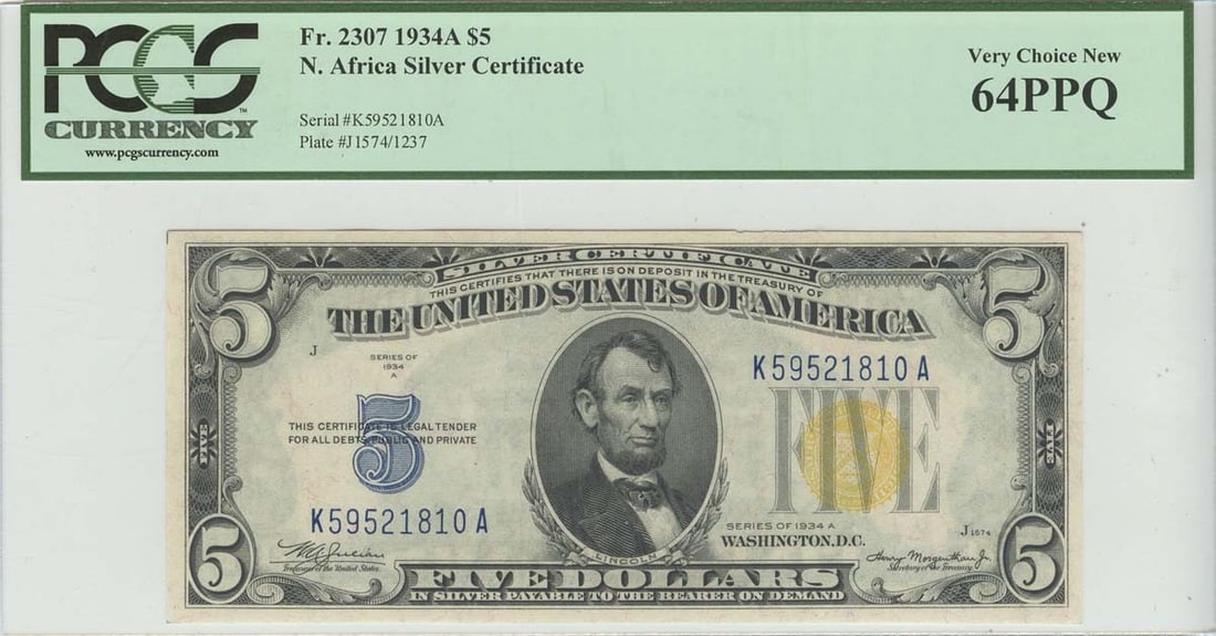 1934A $5 North Africa Note PCGS 64 PPQ Gold Block: 1934A $5 North Africa Note PCGS 64 PPQ Gold Block This is a 1934A $5 North Africa banknote graded as PCGS 64, with the designation of Very Choice New PPQ. This uncirculated note features intricate des